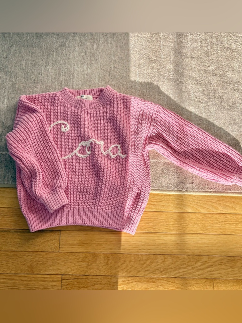 H&M Pink Chunky Knit Crewneck Sweater says CORA